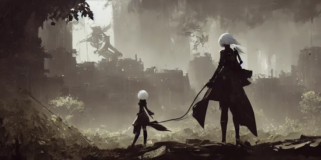 Image similar to an environmental concept art of nier automata, highly detailed, 2 b, environmental light, cinematic by francis tneh