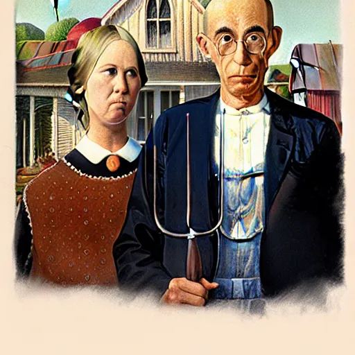 Prompt: the american gothic painting, highly detailed, digital painting, artstation, concept art, smooth, sharp focus, by John James Audubon