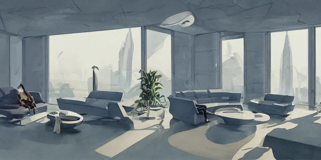 Image similar to a beautiful illustration of futuristic interior hall, lots of furniture, sofa, waiting room, big medium small, sacred geometry, golden ratio, in watercolor gouache detailed paintings, in style of syd mead, trending on artstation,8k, panel, hard surface, vent, zaha hadid, props, plant, cozy,decoration around the room, simon stalenhag, deus ex