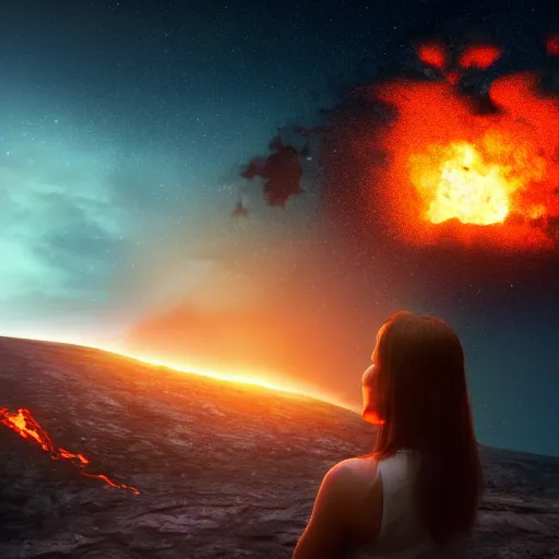 Prompt: a girl on a hill watching a flaming asteroid fall from space, octane render very realistic beatiful 8k digital art