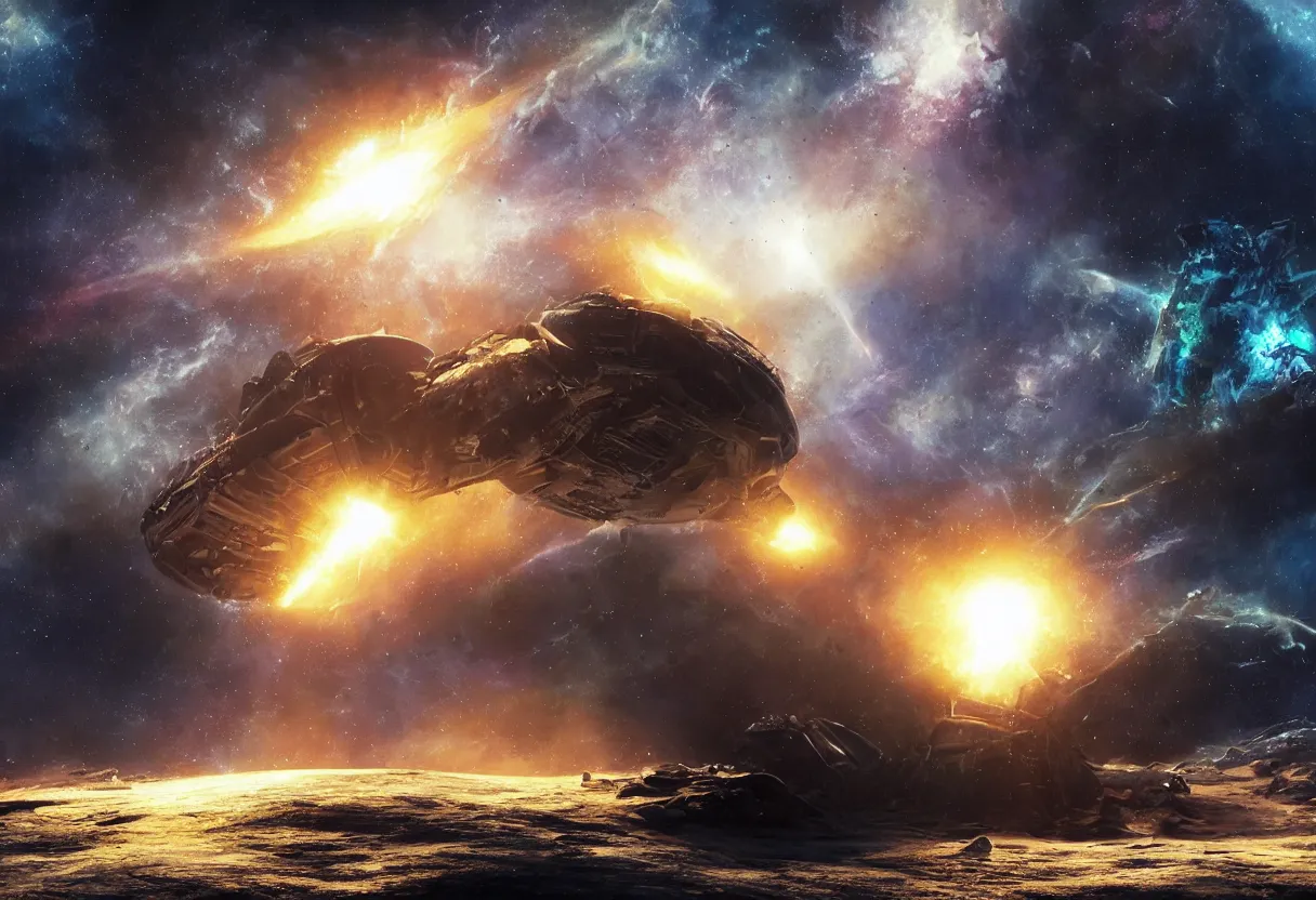 Prompt: alien space ship wreck in deep space, exploding galaxy in background, cinematic lighting, atmospheric, hyper realism, realistic, octane render, dramatic lighting, highly detailed, cinematic, art by rubens and rembrandt