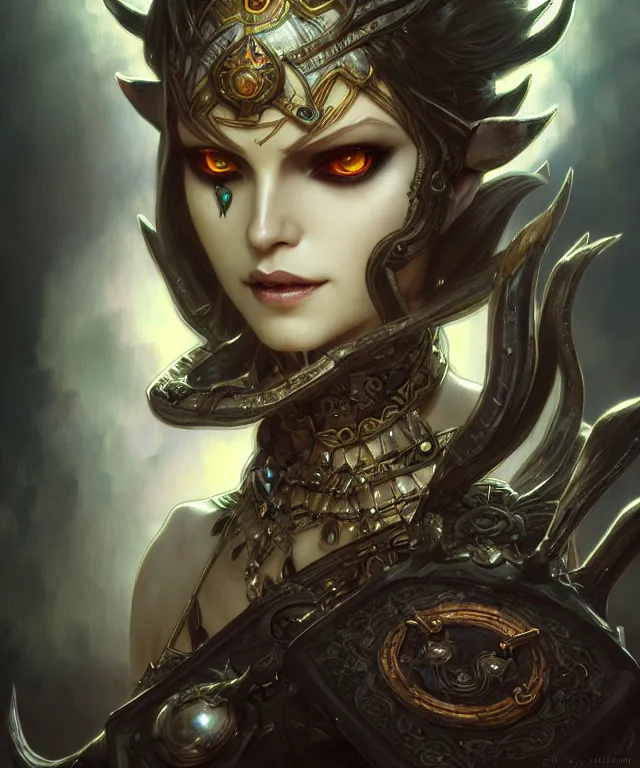 Image similar to dark fantasy, midna legend of Zelda Twilight Princess, dark surrealist , fantasy, intricate, elegant, highly detailed, digital painting, artstation, concept art, smooth, sharp focus, illustration, art by artgerm and greg rutkowski and alphonse mucha