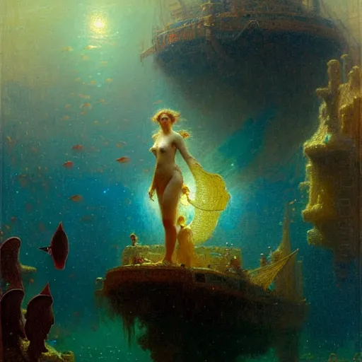 Prompt: you are at the bottom of the ocean looking up, see fishes swimming, the milk way, night time, midnight. highly detailed painting by gaston bussiere, greg rutkowski 8 k