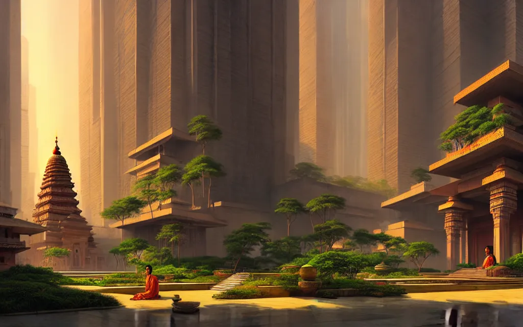 Image similar to cyberpunk indian temple, no people, city in background, drawn by feng zhu, sparse plants, dim painterly lighting volumetric aquatics, impasto