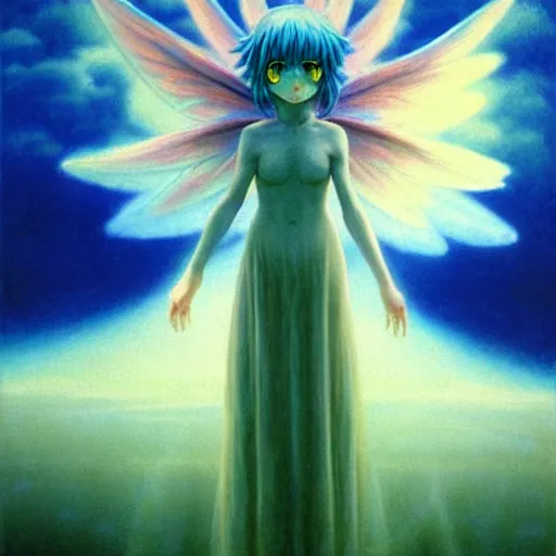 Image similar to cirno from touhou project in the style of zdzisław beksinski, painting, detailed, fine art, touhou project, cirno, ice fairy