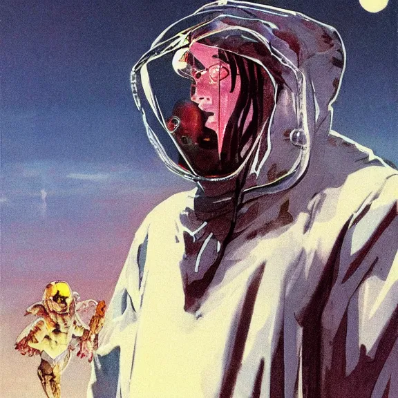 Prompt: illustration of scientist in clear mask wearing baggy colorful 9 0 s rick owens jacket by frank frazetta. sci fi book cover.