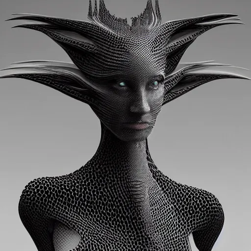 Prompt: dmt elf by zaha hadid, iris van herpen and rick owens. highly detailed, hyper - real, very beautiful, intricate fractal details, very complex, opulent, epic, mysterious, polished, futuristic design, trending on deviantart and artstation