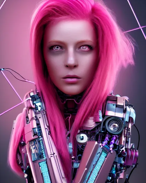 Prompt: portrait of a beautiful australian woman with pink hair as a cyberpunk cyborg half robot, revealing wires and electronics, sci - fi, missing panels, intricate abstract upper body intricate artwork, concept art, octane render, deviantart, cinematic, key art, hyperrealism, iridescent accents, portrait photograph, nikon 3 5 mm, photograph by greg rutkowski