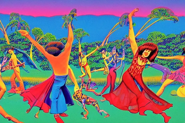 Image similar to a beautiful view of a groovypunk dance in a san francisco park, art by ron walotsky and peter max and roger dean