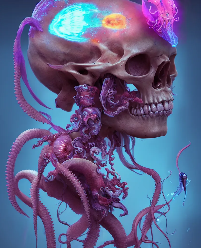 Image similar to goddess close - up portrait human skull, ram skull, squid phoenix jellyfish, orchid, betta fish, bioluminiscent, intricate artwork by tooth wu and wlop and beeple. octane render, trending on artstation, greg rutkowski very coherent symmetrical artwork. cinematic, hyper realism, high detail, octane render, 8 k