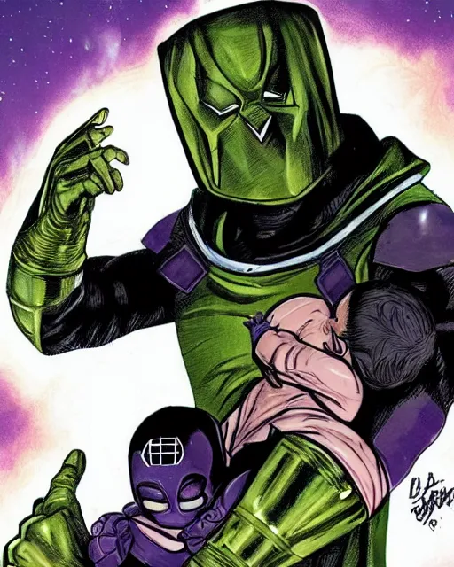 Prompt: Doctor Doom, in full armor, cradling an infant Thanos, photorealistic, beautiful, family,