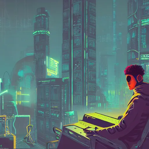 Image similar to in the style of ghostshrimp and deathburger and laurie greasley a young mixed race male explorer wearing a cyberpunk headpiece who is meditating in front of a giant wise decaying robot head, highly detailed, 8k wallpaper