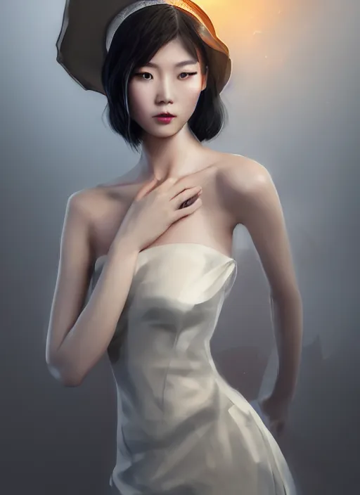 Image similar to beautiful chinese fashion goddness, strapless dress, character portrait in the style of thomas river and artgerm, wlop, cinematic lighting, hyperdetailed, 8 k realistic, symmetrical, global illumination, radiant light, halo, love and mercy, frostbite 3 engine, cryengine, dof, trending on artstation, digital art, chanel