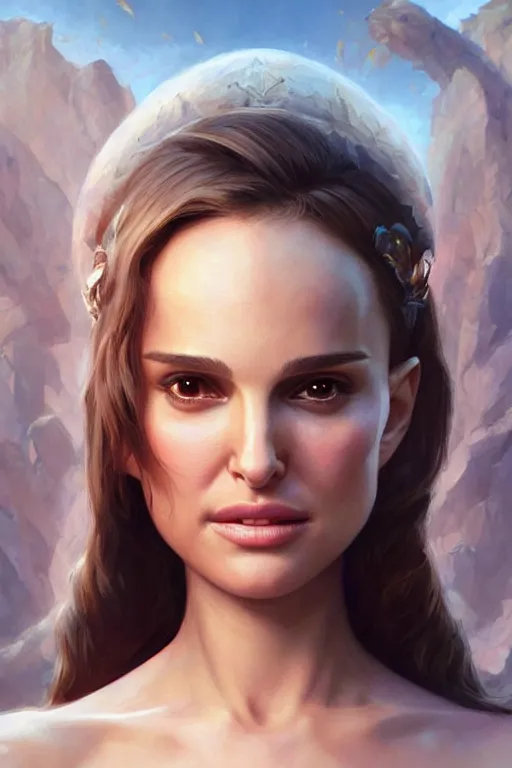 Image similar to Natalie Portman as a Smiling Goddess, soft, only two hands, highly detailed, digital painting, artstation, concept art, smooth, sharp focus, illustration, Unreal Engine 5, 8K, art by art by artgerm and greg rutkowski and edgar maxence