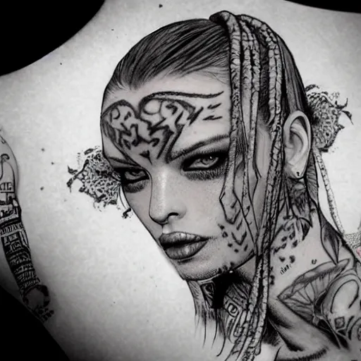 Prompt: a beautiful portrait of a heavily tattooed Runway model Travis Charest style