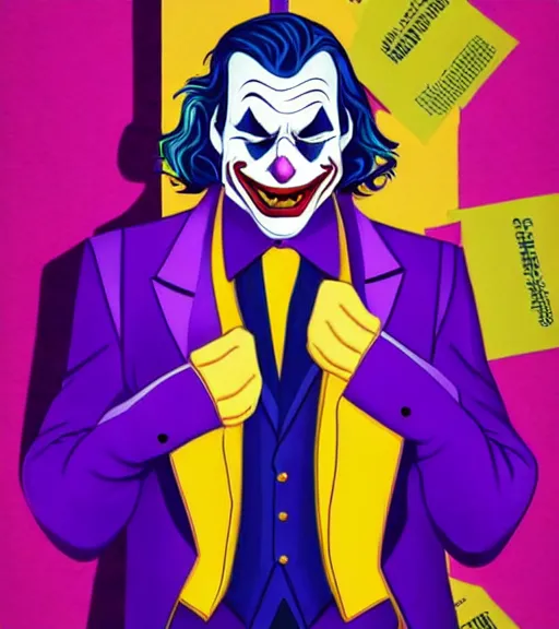 Prompt: joker wearing purple suit, yellow background, disney movie poster style, animation