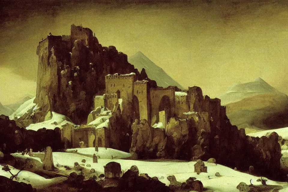 Prompt: The Red Citadel, elven palace of Ghemathar, resting atilt in a snowy arctic lowland. high detail, oil on canvas, by Francisco Goya and Caravaggio