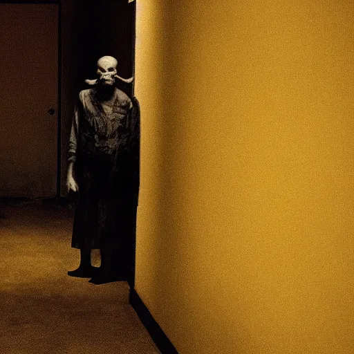 Prompt: A grotesque monster is standing in a yellow dimly lit hallway, cinematic film still.