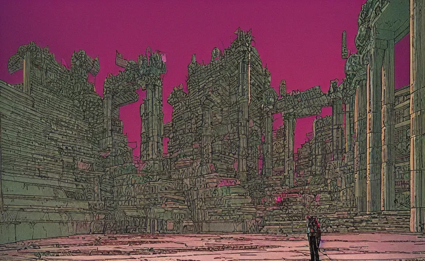 Image similar to the entrance into the giant temple of the future robot gods by moebius