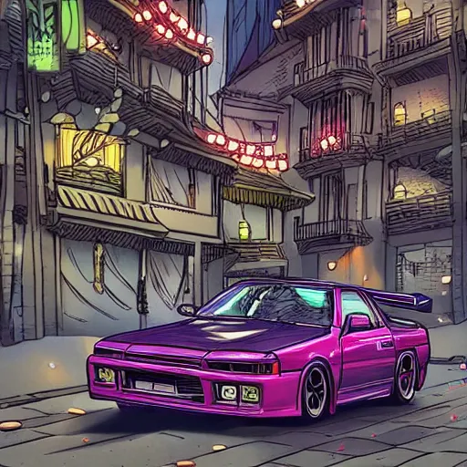 Prompt: beautiful hyper-detailed illustration of a ninja warrior with a sword, driving through the city, in a modified Nissan skyline r34