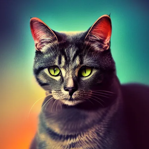 Image similar to photo portrait of a cat made in a professional studio, professional portfolio of a cat, trending on artstation, super detailed, everything in a beautiful light, stylishly designed background, fantasy art