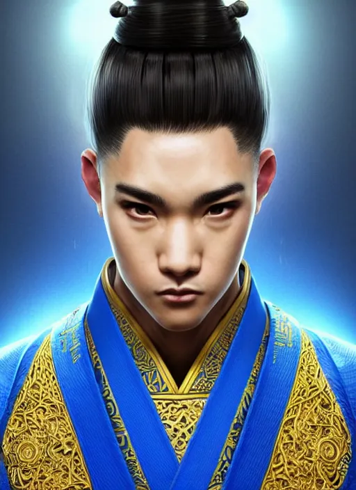 Image similar to male martial artist with a mostly shaved head and a high ponytail!!! asian facial features and blue eyes!! intricate ornate blue robes!! character concept art, sharp focus, octane render! unreal engine 5! highly rendered!! trending on artstation!! detailed linework!! illustration by artgerm, wlop, and chie yoshii