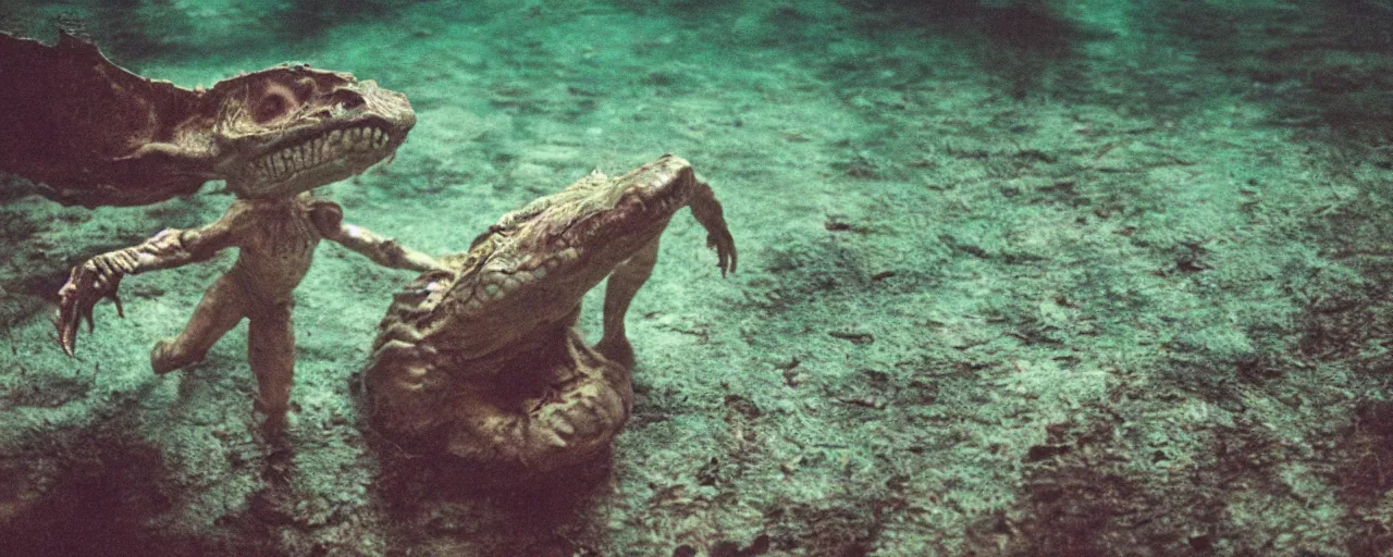 Prompt: an ultra wide colour 3 5 mm film photo of a terrifying half reptile half humanoid hybrid creature, hunting underwater in a public swimming pool, liminal spaces, ritual occult gathering, film grain