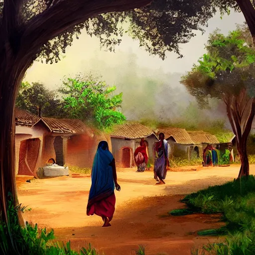 Image similar to aesthetic Matt painting of a beautiful desi village life, atmospheric, trending on artstation