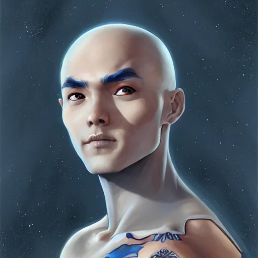 Image similar to Portrait of Aang,blue arrow paint going down his head, by Charlie Bowater