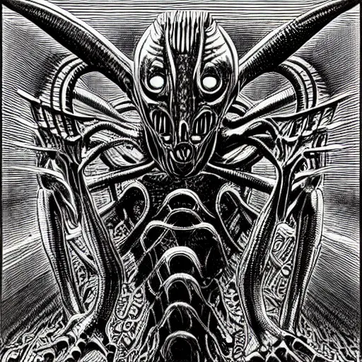 Image similar to a giant biomechanical alien monster by virgil finlay