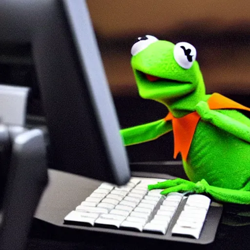 Prompt: kermit the frog furiously typing on a computer