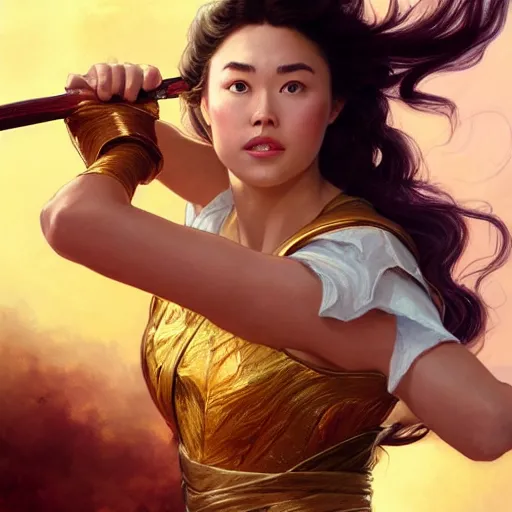 Image similar to Jessica Henwick clothed in pure golden light energy and holding a flaming sword, D&D, highly detailed, digital painting, artstation, concept art, sharp focus, illustration, art by artgerm and greg rutkowski and alphonse mucha