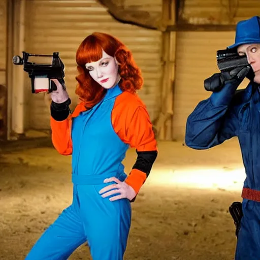 Image similar to vince vaughn as jack fenton, he is wearing an orange coveralls bodysuit with a big sci - fi gun belt, and christina hendricks as maddie fenton, she is wearing a tight teal coveralls bodysuit with a big sci - fi gun belt, movie photo, spooky netflix still shot, they are looking for ghosts