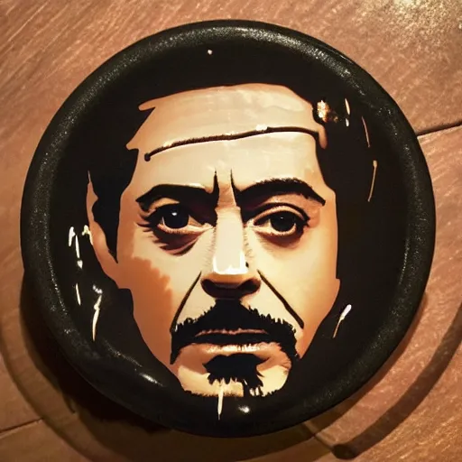 Prompt: high quality photo of a cup of coffee with latte art of robert downey jr, highly detailed, hyper realistic, 8 k, aesthetic