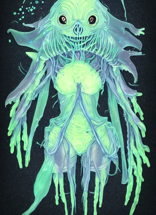 Prompt: plasticy kawaii portrait of a silly bashful squishy scifi saliva skeksis witch girl, painfully adorable, soft bioluminescent membranes, gushy gills and baleen, translucent skin shows cute skeletal details in front of inky black background, friendly, occult, gelatinous with wittle tiny teeth, artgerm