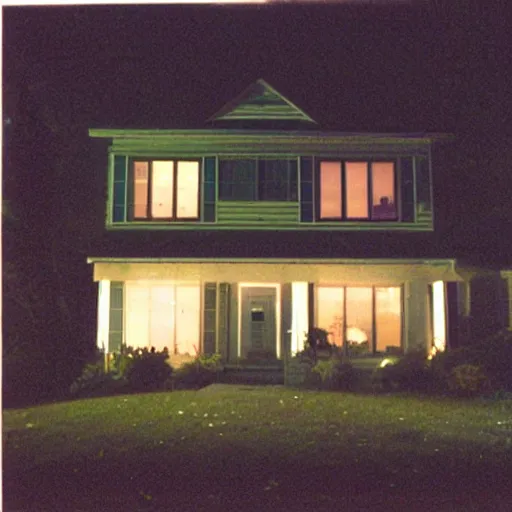 Image similar to a foggy high flash photo of a suburban home from the street at night, 2 0 0 6, taken with a disposable camera