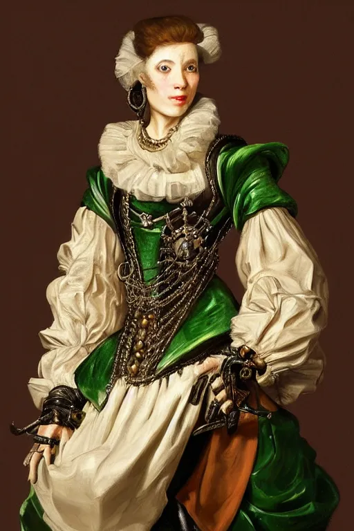 Prompt: portrait, headshot, digital painting, of a 17th century, beautiful lady cyborg merchant, dark hair, amber jewels, dark green satin clothes, baroque, ornate clothing, scifi, futuristic, realistic, hyperdetailed, chiaroscuro, concept art, art by frans hals