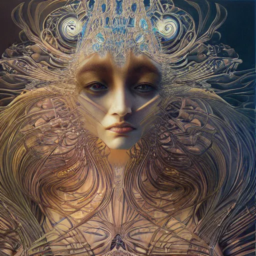 Image similar to high priestess queen of jupiter by iris van herpen, zaha hadid, zdzisław beksinski and alphonse mucha. highly detailed, hyper - real, very beautiful, intricate fractal details, very complex, opulent, epic, mysterious, trending on deviantart and artstation