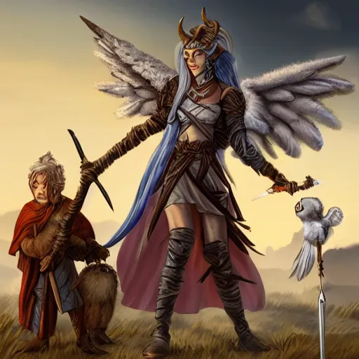 Image similar to tiefling female with angel wings stands with her spear, her young owlbear companion by her side, slight smile, D&D, HD, HDR, Highly detailed, pathfinder,