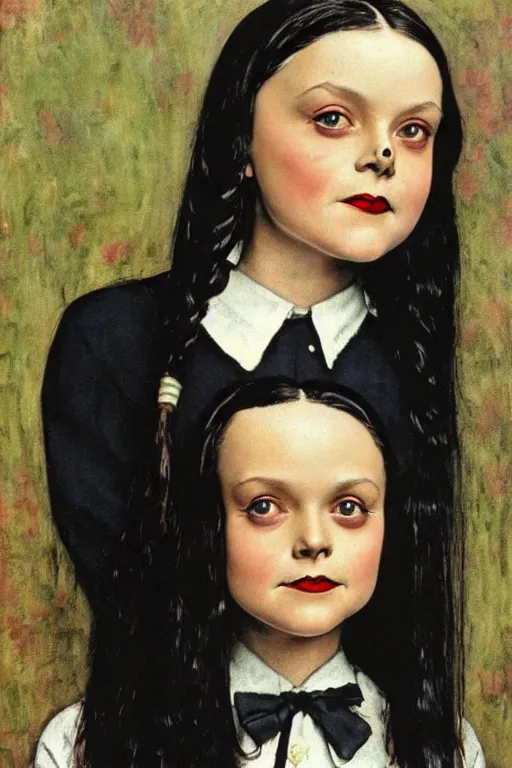 Image similar to wednesday addams from the addams family painted by norman rockwell