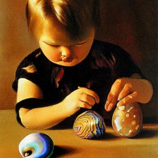 Prompt: A 2 year old girl playing with small abalone shells, blond hair. Painting by Salvador Dali