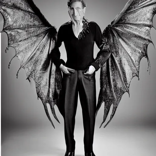 Prompt: a man with dragon wings, large format film fashion photograph by richard avedon