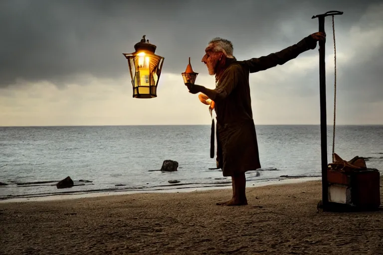 Image similar to closeup old man holding up a lantern on the beach in a pirate ship bay meet to a old wood shack by emmanuel lubezki