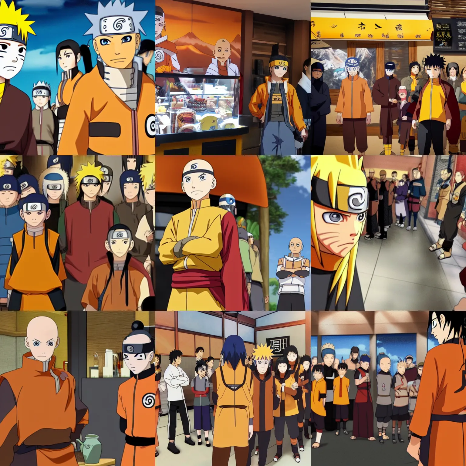 Prompt: Naruto waiting in line behind Avatar the last airbender in a coffee place