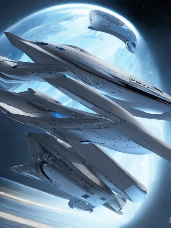 Image similar to futuristic symmetric flying spaceship from star trek, concept art, detailed, in space, by lin hongy