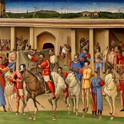 Prompt: a medieval portrait painting of a calcio storico match between roman empire and carthage