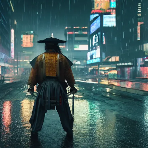 Image similar to ultra realistic studio shot of a cyberpunk samurai with straw hat on a dusk city, cinematic, wet reflections, liflike, unreal engine 5, octane, smooth, rtx, ray tracing, hyper detailed, hyper realism, fantasy, trending on artstation, behance, deviantart