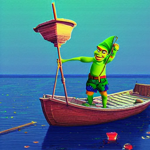 Prompt: 6 0 0 px by 6 0 0 px. expensive pixel work, dithered masterpiece, pixel art shrek fishing on a sailboat