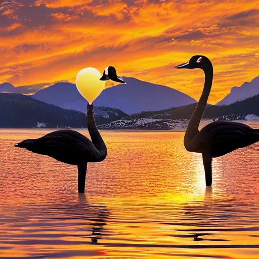 Image similar to photo of two black swans swimming in a beautiful reflective mountain lake, touching heads, forming a heart with their necks, a colorful hot air balloon is flying above the swans, hot air balloon, intricate, 8k highly professionally detailed, HDR, CGsociety