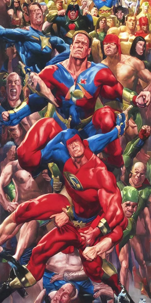 Image similar to A Kingdom Come cover featuring John Cena as PeaceMaker by Alex Ross, oil painting